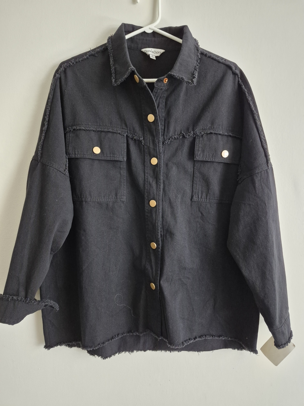 DAVI & DANI Black Frayed Oversized Snap-Front Jacket